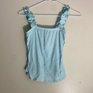 Teal blue ruffled spaghetti strap tank top.